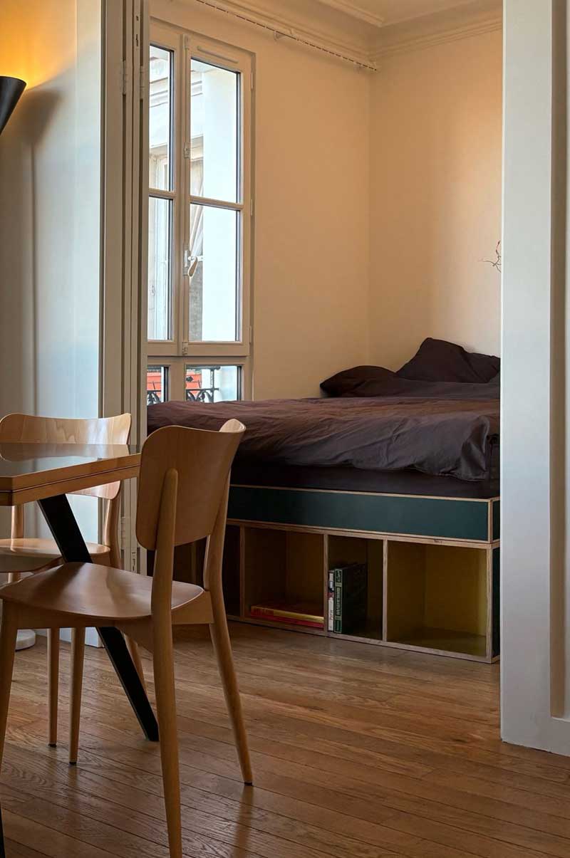 Architecte d'intérieur Paris 11e - espace chambre du studio rénové